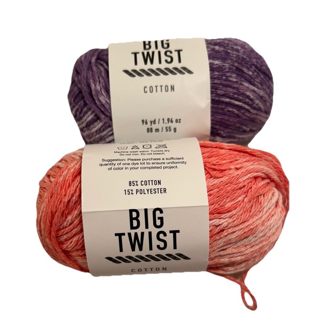 Lot of 2 Big Twist Cotton Yarn Skeins Violet Splash Coral Splash 1.94 oz 107 yds